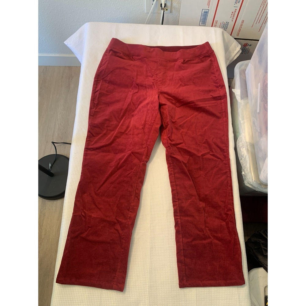 (G-218) Denim & Co Stretch Velvet Pull-On Pants Cranberry Petite Large NWT QVC - Picture 2 of 10